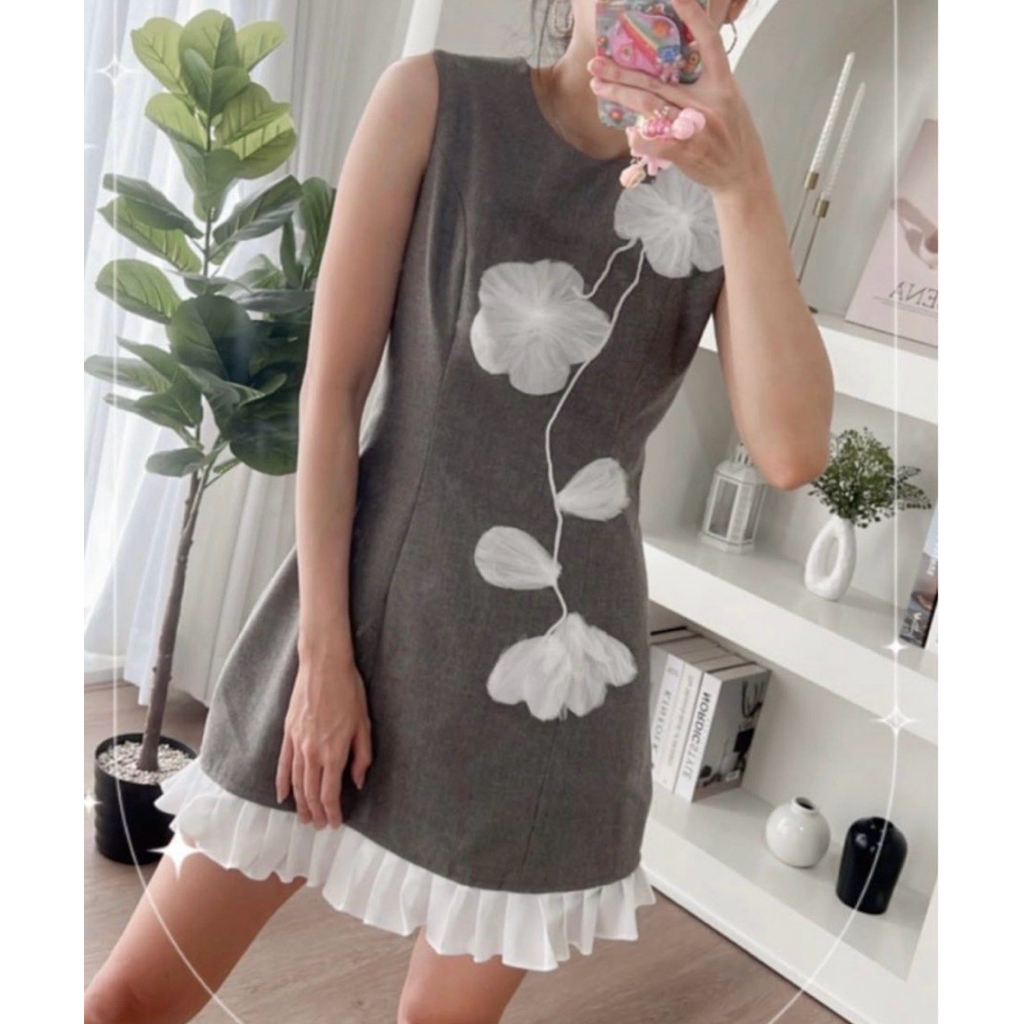 GAZELLE By Debby Hardinata Brianna Dress / 3D Floral Grey Pleated Mini Dress / Best Seller Sleeveles