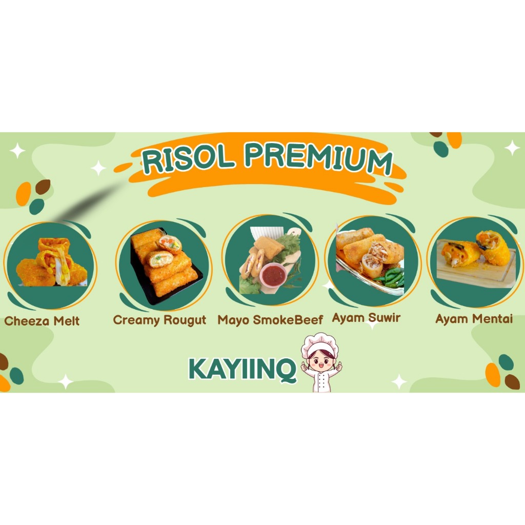

Risol Premium KayiinQ |Frozen |Cheeza melt |Mayo smoke beef |Creamy Rougut |Ayam Suwir |Chicken Mentai |Jajanan kekinian| Khas Probolinggo