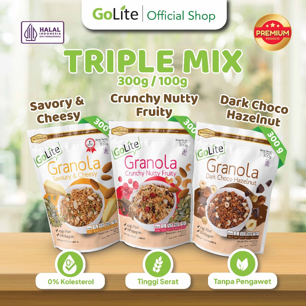 

Granola Premium Triple Mix Pack 100g 300g (Dark Choco Hazelnut, Crunchy Nutty Fruity, Savory & Cheesy) GoLite Toasted Muesli