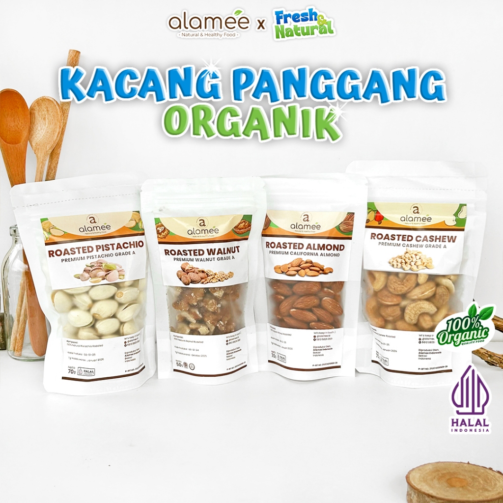 

Kacang Almond Almon Mede Walnut Pistachio Kupas Panggang Premium Roast Roasted 70g Oven Siap Makan fresh and natural