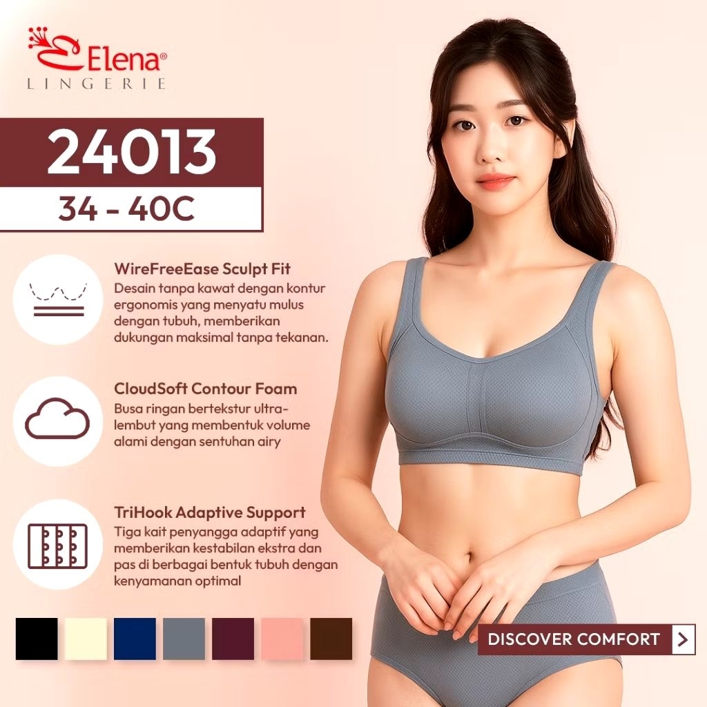 Elena Bra BH Cup C Besar Tanpa Kawat E 24013 - 34C-40C - Bra Unwired Kait 3 Busa Tipis