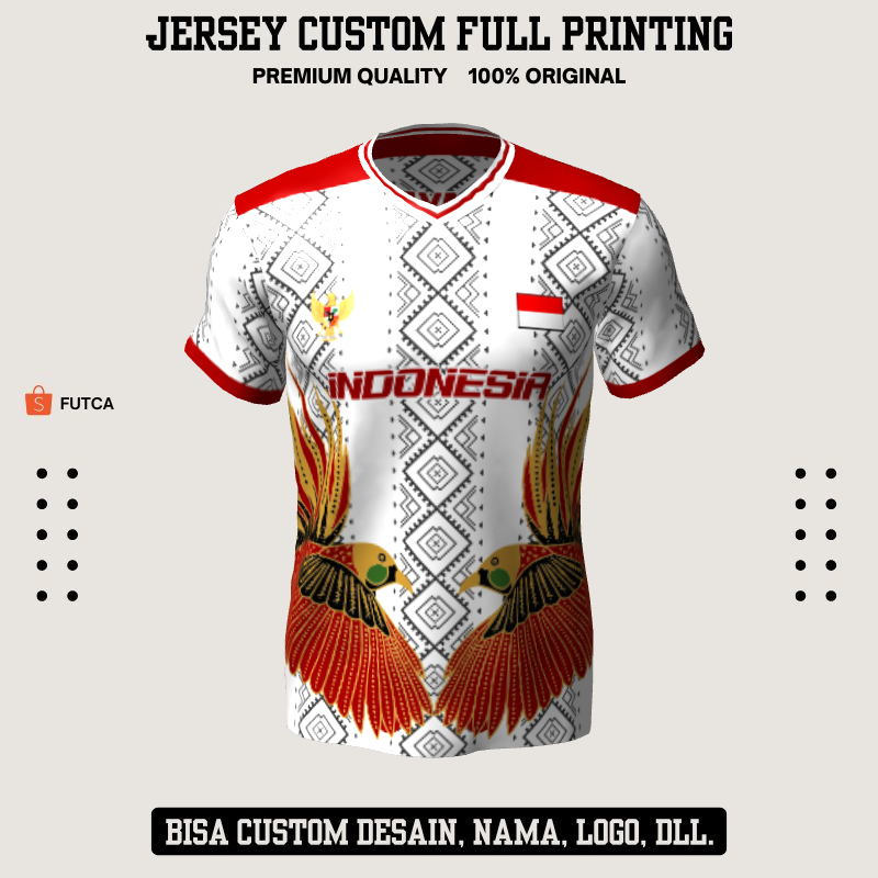 Kaos Jersey Futsal Putih Merah Motif Batik 271 - Jersey Baju Olahraga Custom Full Printing