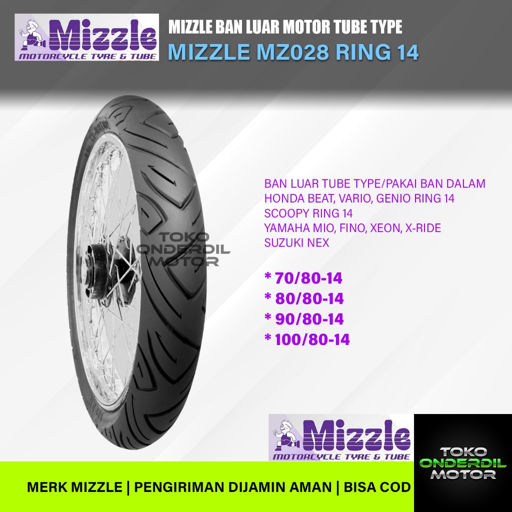 Mizzle Ring 14 Tipe MZ028 BAN MOTOR - UKURAN 100/80-14, 90/80-14, 80/80-14, 70/80-14 TUBETYPE (PAKAI