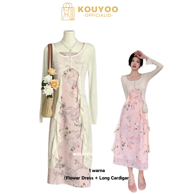 KOUYOO Baju Batik Wanita-Maxi Dress-Dress Vintage Flower Dress + Long Cardigan Suit Dress