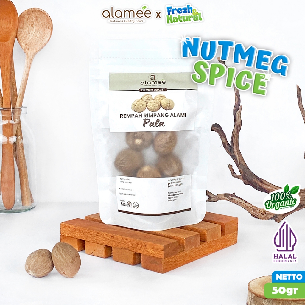 

ALAMEE Biji Pala Utuh Rempah Kering Nutmeg Whole Rimpang Organik Alami Bumbu Seasoning Masakan 50gr fresh and natural