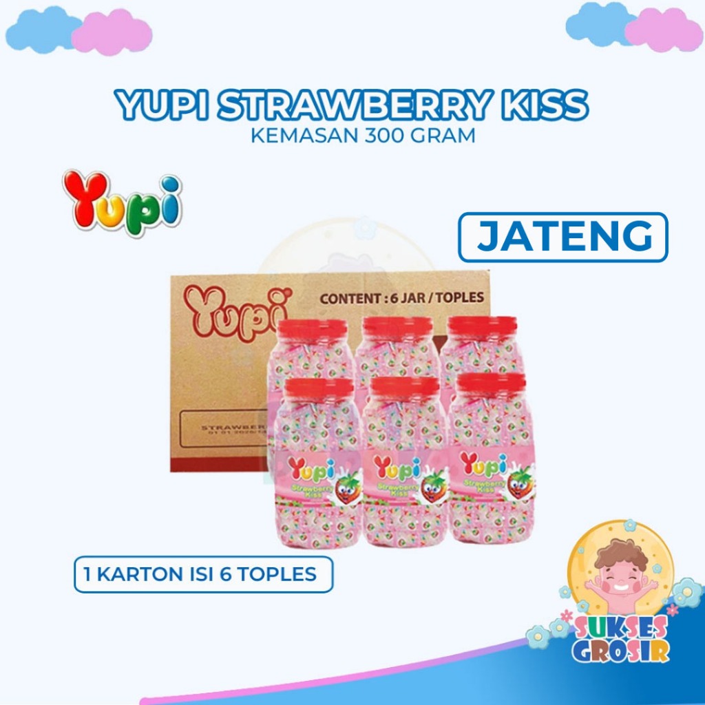 

PERMEN YUPI STRAWBERRY KISS JAR 1 KARTON ISI 6 TOPLES