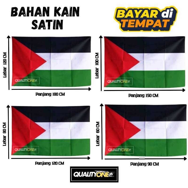 Bendera Palestine Bahan Kain Polyester Satin Peles Grade A Ukuran Sedang - Besar