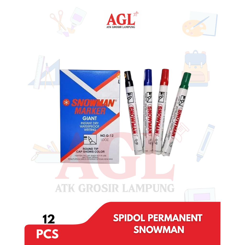 

SNOWMAN - (12pcs) SPIDOL PERMANENT SNOWMAN ORIGINAL G -12 Warna Hitam, Biru, Merah, Hijau - 1 pack isi 12 pcs - Grosir
