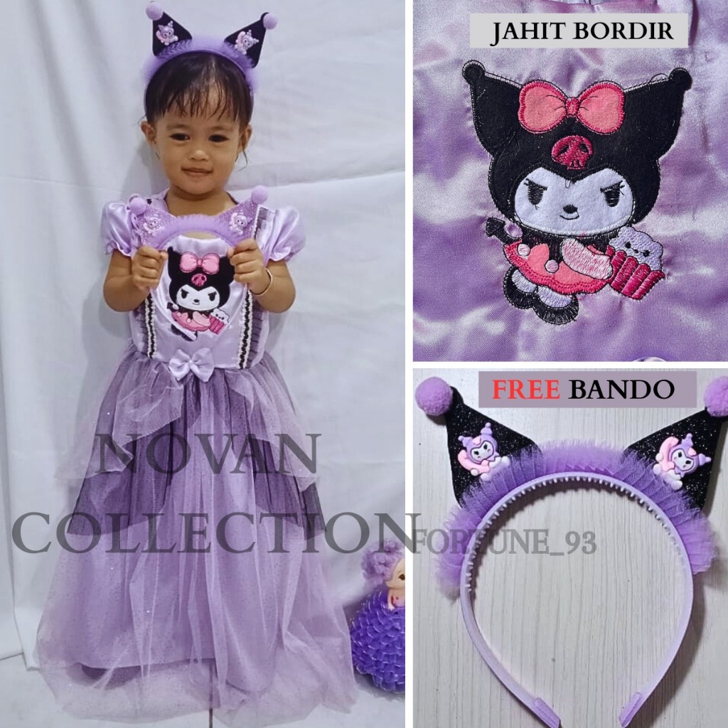 FREE BANDO KUROMI Gaun Ultah Anak Kuromi Dress Baju Anak Perempuan Motif Kartun Kuromi Usia 3 - 8 Ta