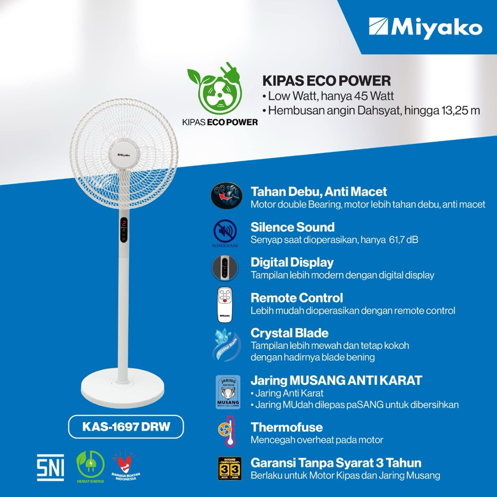 Stand fan Miyako KAS 1697 DRW kipas angin berdiri remote miyako