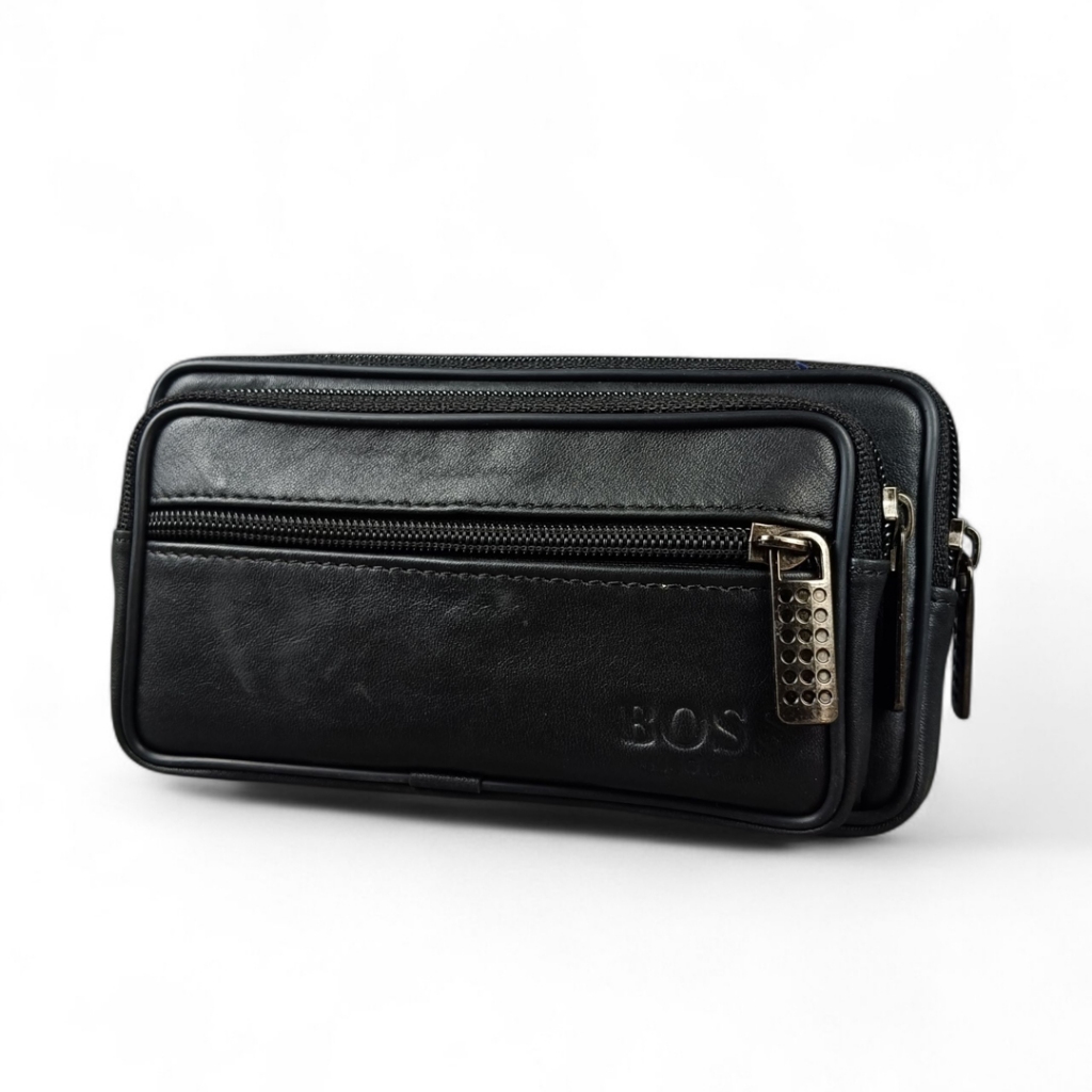 Dompet Pinggang HP Kulit Asli Model Miring Double Penutup Resleting
