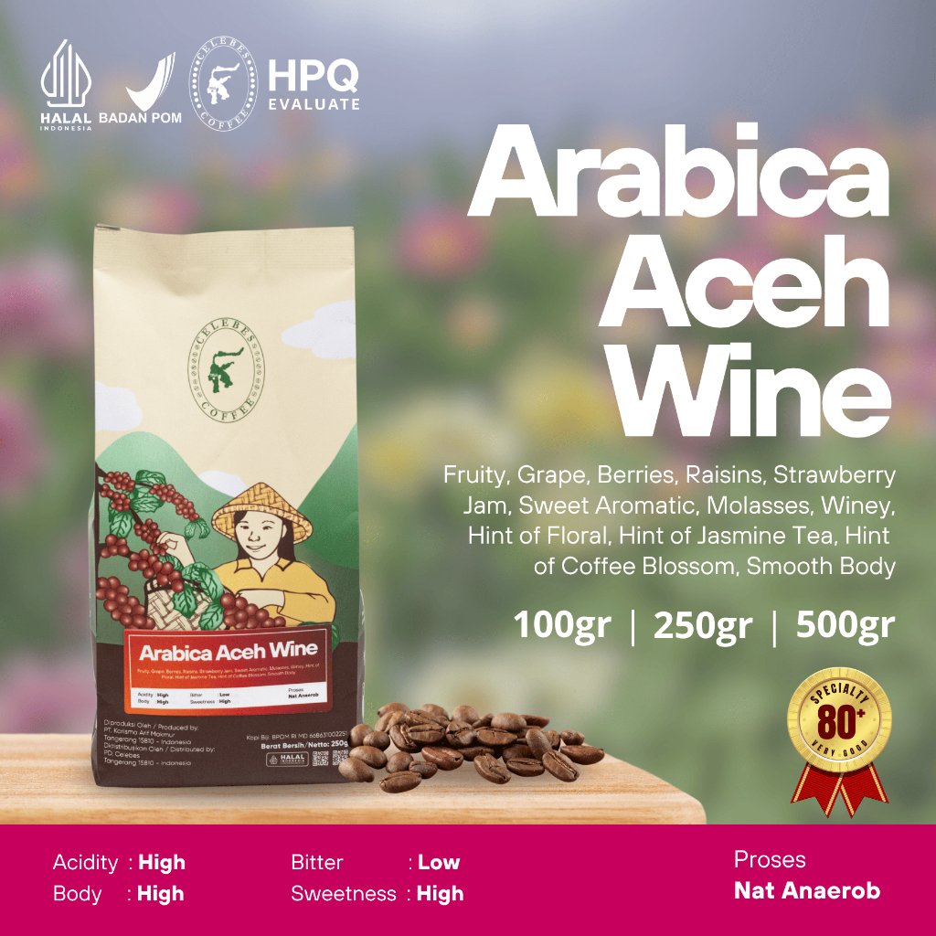 

CELEBES COFFEE - Kopi Arabika / Arabica Aceh Gayo Wine - 100gr / 250gr / 500gr - Biji / Bean / Bubuk