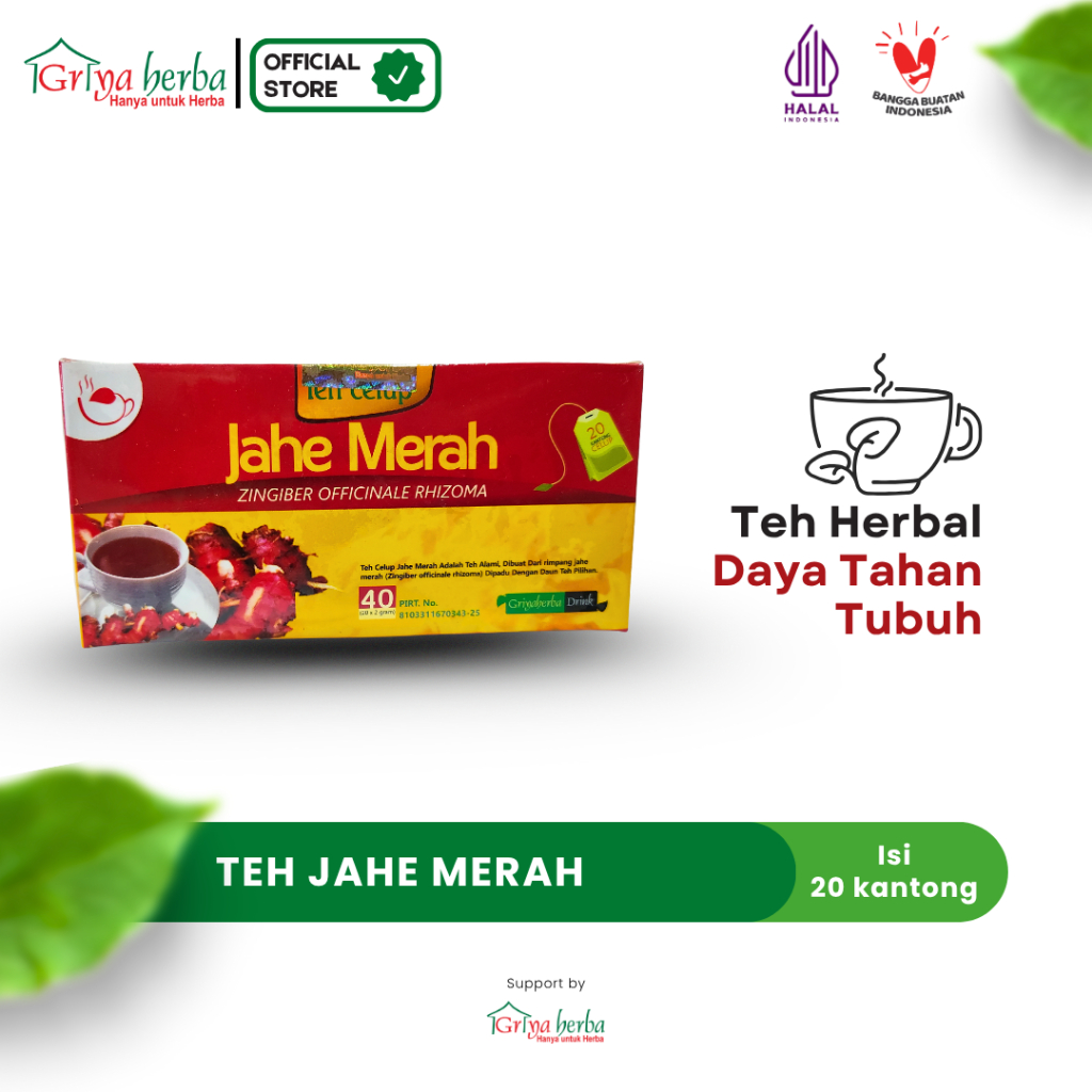 

Teh herbal jahe merah Griya Herba alami untuk daya tahan tubuh alami dan stamina halal alami