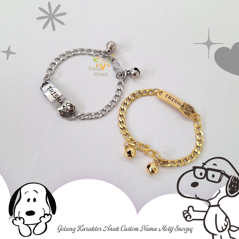 GELANG CUSTOM NAMA ANAK KARAKTER MOTIF SNOOPY GOLD DAN SILVER MURAH