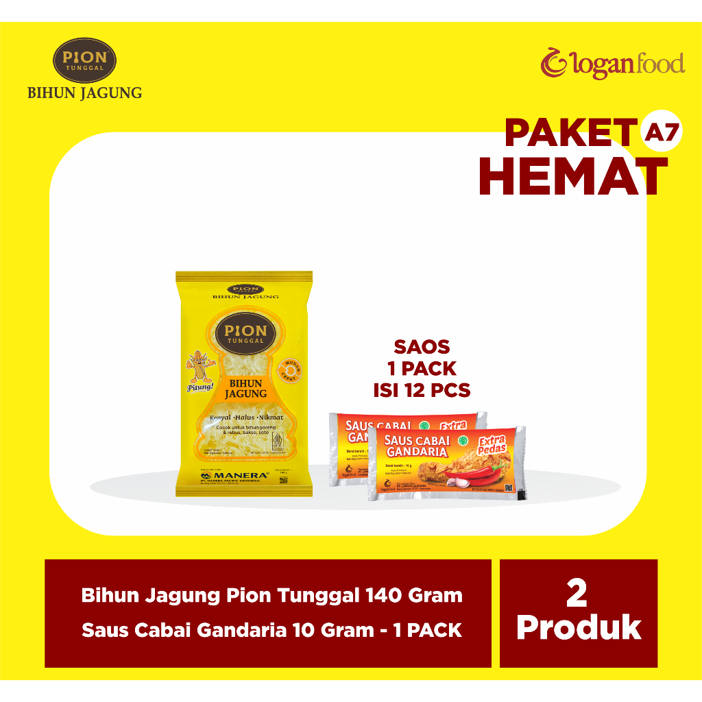

PAKET HEMAT (A7) - BIHUN JAGUNG PION KUNING - SAUS CABAI GANDARIA 10 GRAM (1 PACK)
