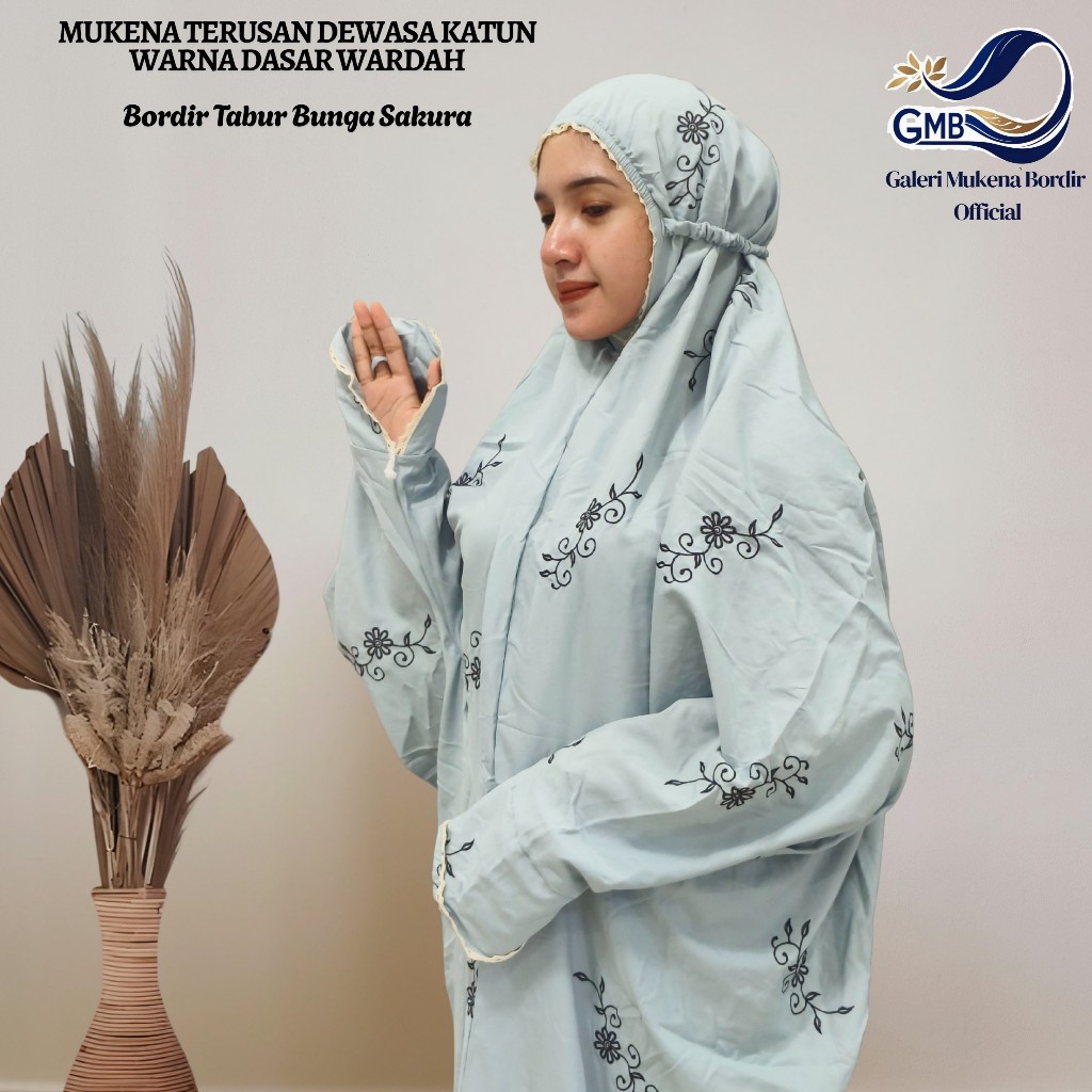 Mukena Terusan Dewasa Bahan Katun Polino Warna Biru Wardah Bordir Bunga Sakura Daun