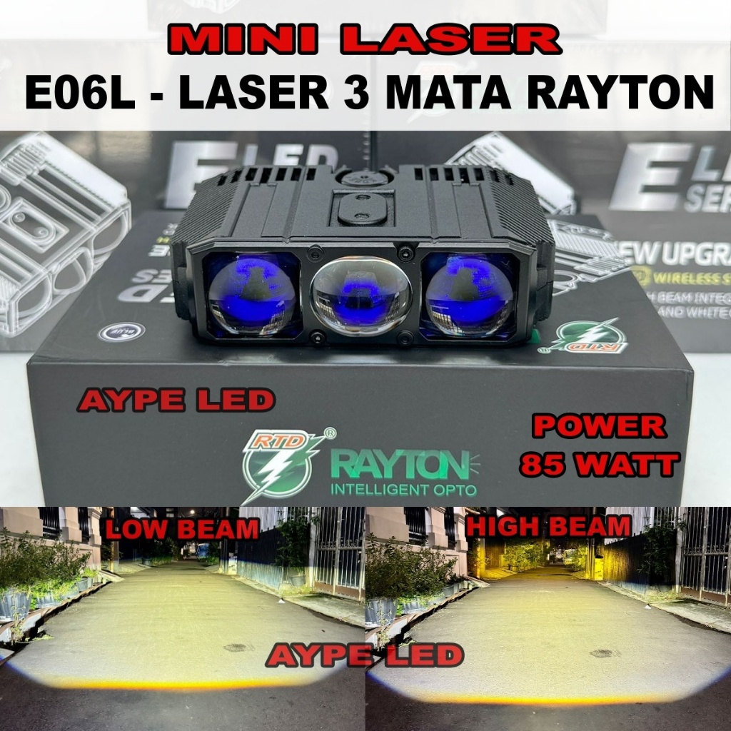 Lampu Tembak Mini Laser Rayton E06L 3 Mata Bluelens 85 Watt Cahaya Biled Putih Kuning