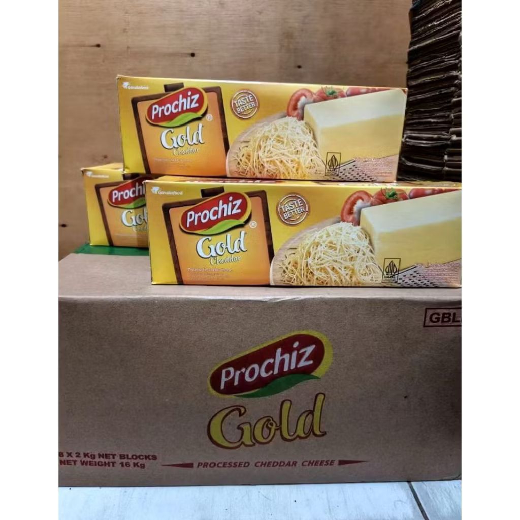 

Prochiz Gold Cheddar 2KG/1Balok (1PCS) Asin Gurih Parutan Panjang