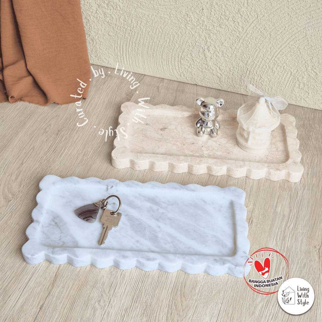 Living With Style - Scalloped Marble Tray / Nampan Marmer Asli Mewah Motif Bunga Cantik / Organizer 
