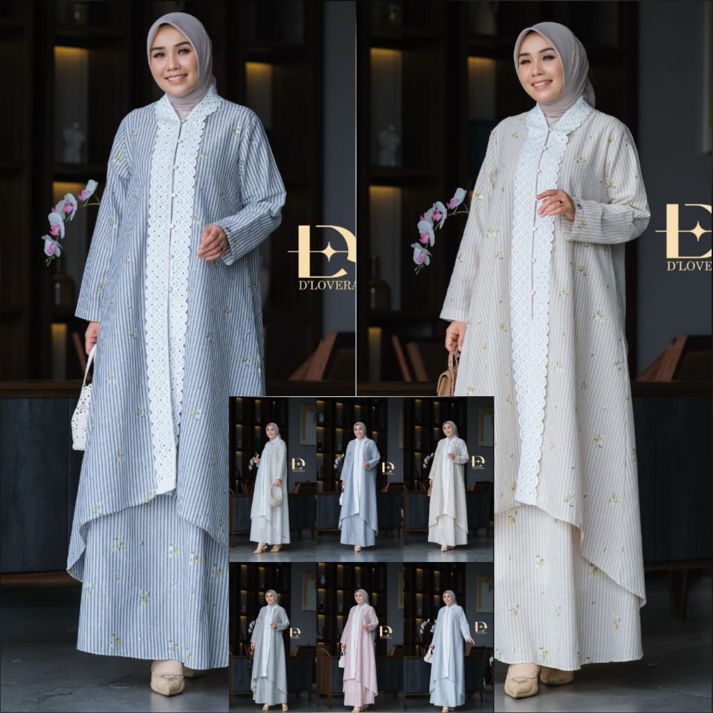 (8x) DLOVERA SABA One Set Baju Tunik Setelan Rok Motif Garis Linen Wanita Muslimah Saba Set By D'Lov