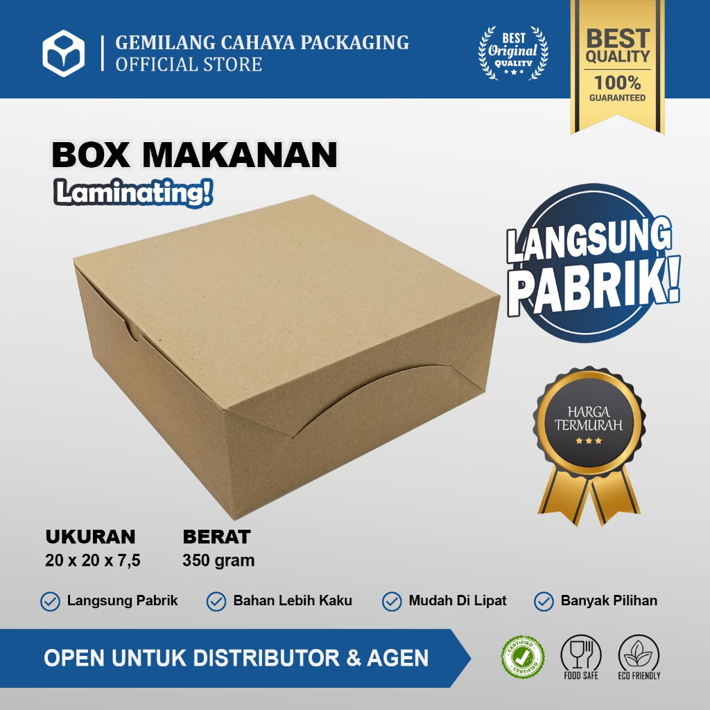 

(50 pcs) Box Makanan Snack Polos Coklat Kraft Laminating Tebal (350 GSM) Ukuran 20x20x7,5cm