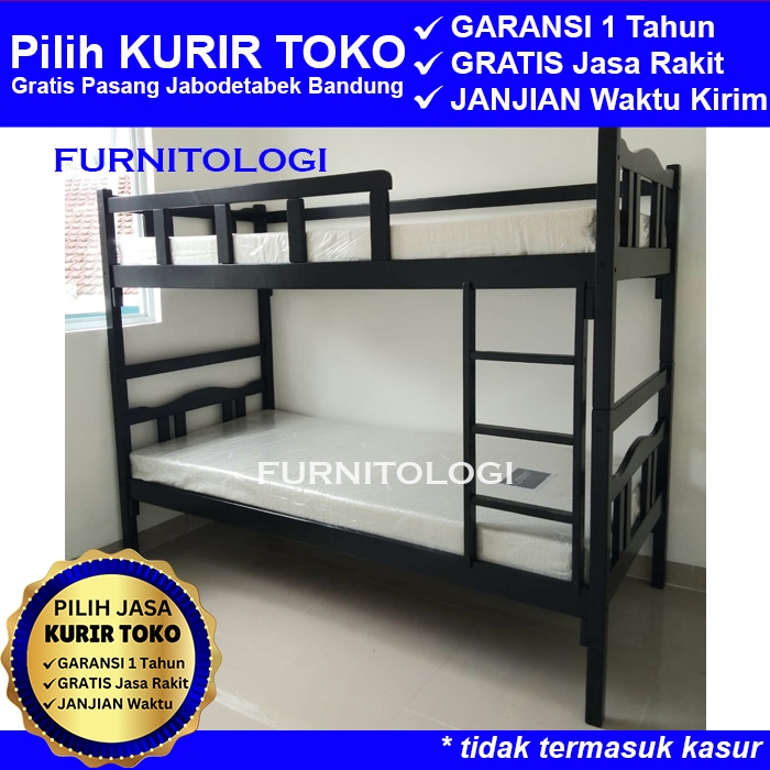 Ranjang Tingkat Kayu - Tempat Tidur Kayu 90x200 - Ranjang Susun Kayu 2 Tingkat