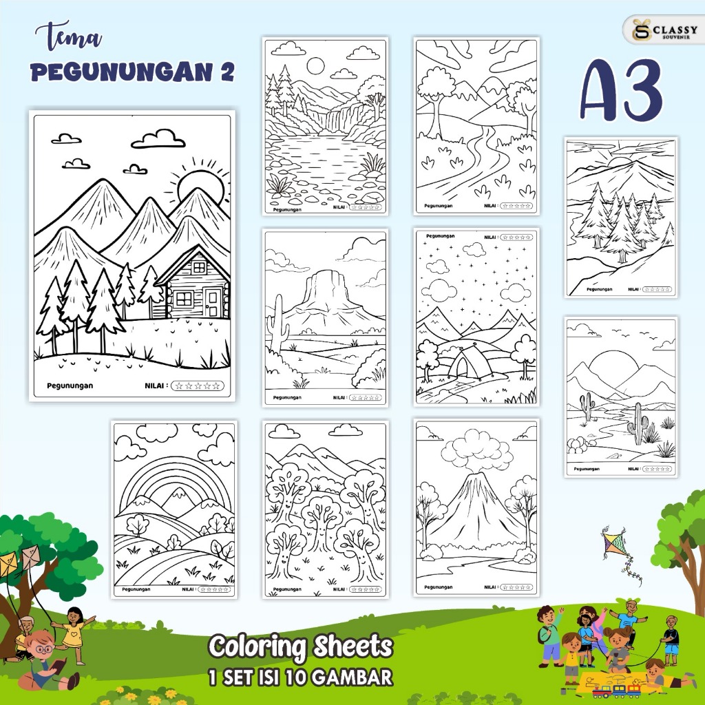 

LEMBAR GAMBAR MEWARNAI A3 BAGIAN TEMA PEGUNUNGAN - KERTAS MEWARNAI ANAK - COLORING SHEETS FOR KIDS