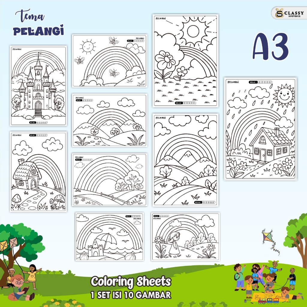 

LEMBAR GAMBAR MEWARNAI A3 BAGIAN TEMA PELANGI - KERTAS MEWARNAI ANAK - COLORING SHEETS FOR KIDS