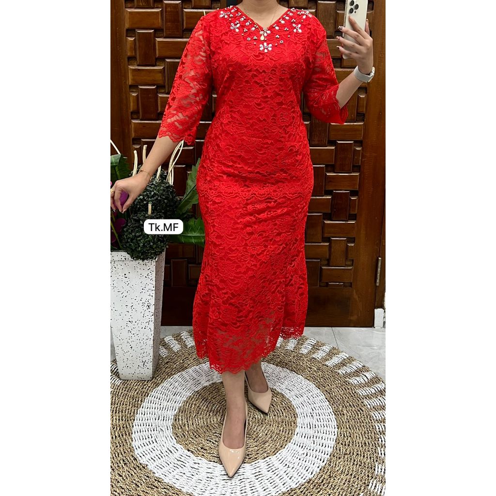 Stelan Fatmawati terbaru 7/8 leher V Full brokat leher payet cantik