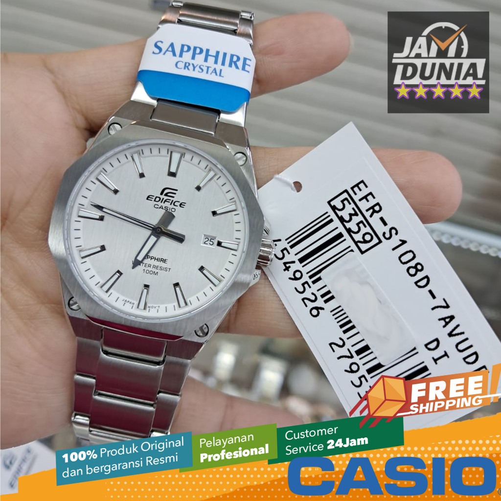 JAM TANGAN PRIA CASIO ANALOG ORIGINAL STAINLESS STEEL SLIM LINE SAPPHIRE SILVER WHITE EDIFICE EFR-S1