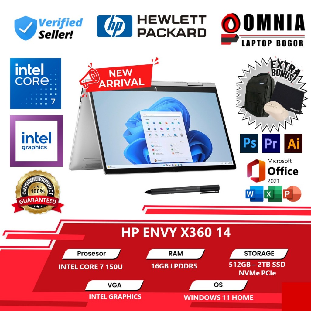 LAPTOP 2in1 HP Envy x360 14 Intel Core 7 150U RAM 16GB 1TB SSD FHD Touchscreen Win 11 office 2021