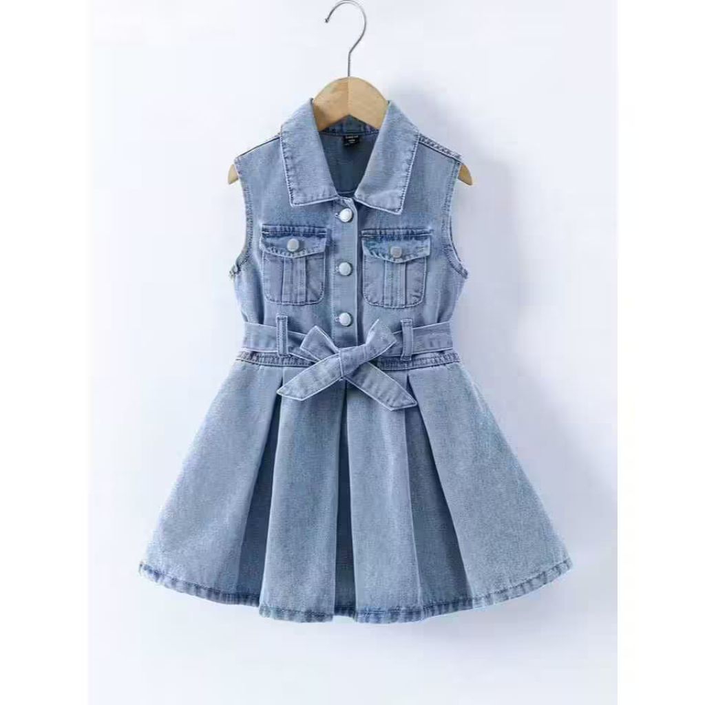Clara Dress - Twisty Ruffle Dress Belt Jeans Anak Perempuan Usia 1-7 Tahun Setelan Denim One Piece T