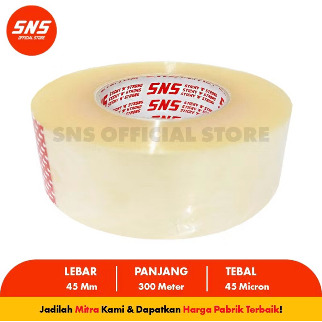 

LAKBAN BENING 500 Yard 300 Meter FULL Merk SNS Sticky N Strong / Lakban BENING 45mm / lakban bening besar / lakban besar / isolasi besar / isolasi bening / isolasi kuat