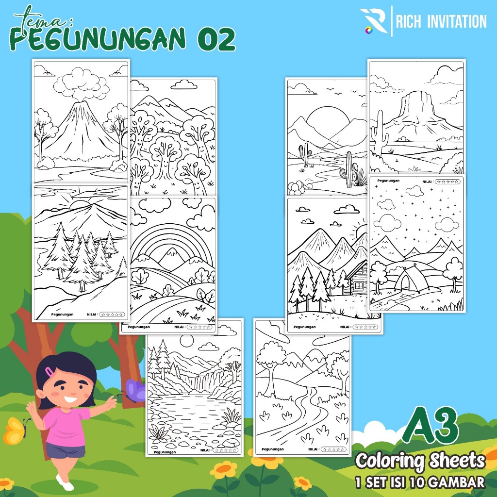 

(A3) KERTAS MEWARNAI ANAK - KERTAS COLORING ANAK PAUD TK - TEMA PEGUNUNGAN