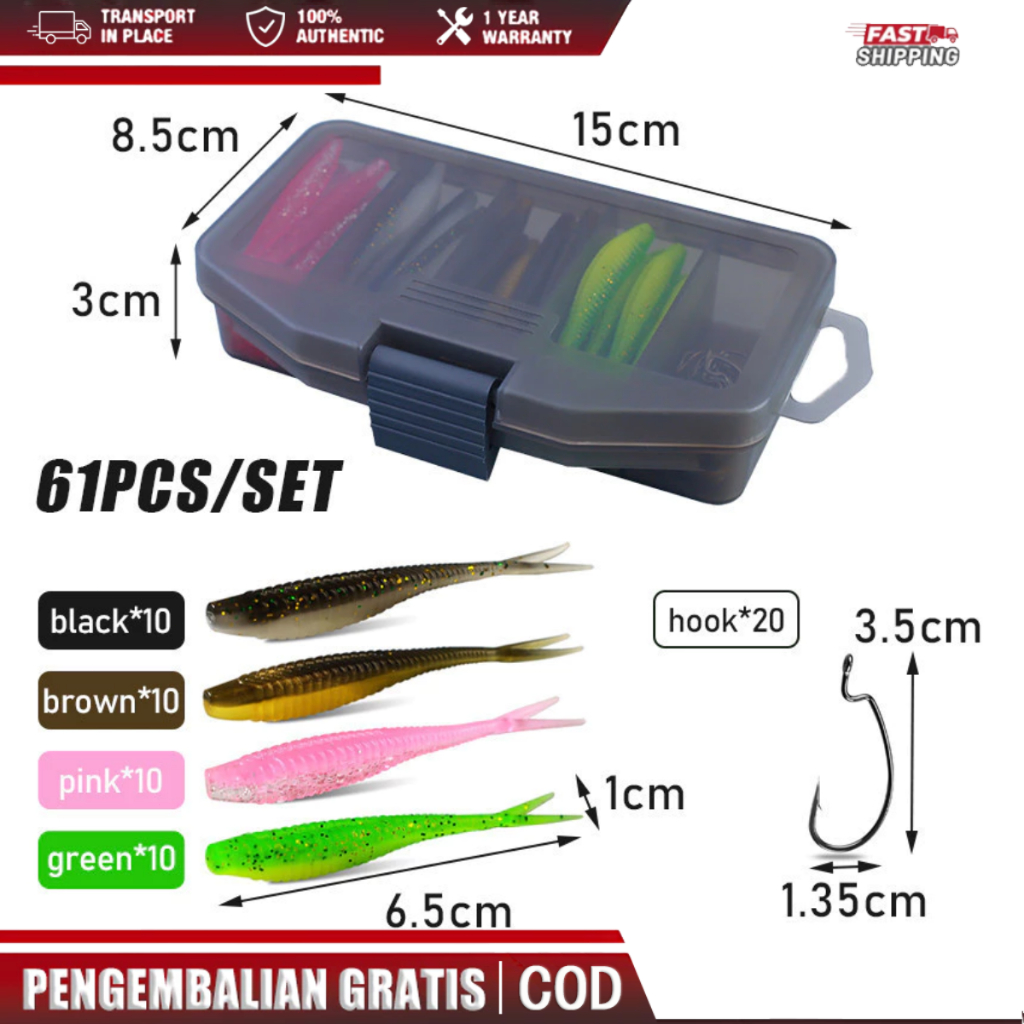 61Pcs Umpan Soft Lure 1 Set Box, Kotak Umpan Pacning Ikan / Umpan Pancing Tiruan Bentuk Ikan Bahan K