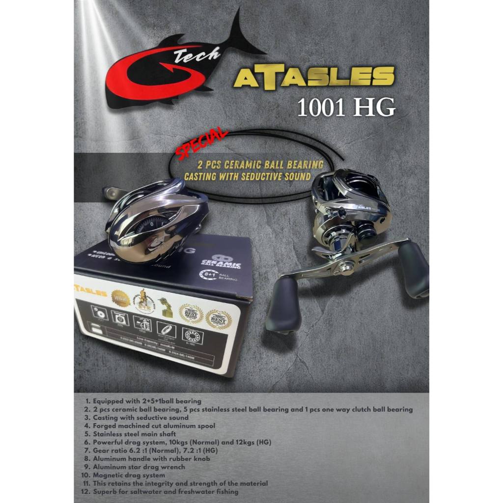 Reel GTech Atasles 1001 HG – 8+1 BB – 12Kg Drag – Magnetic Brake – Baitcasting