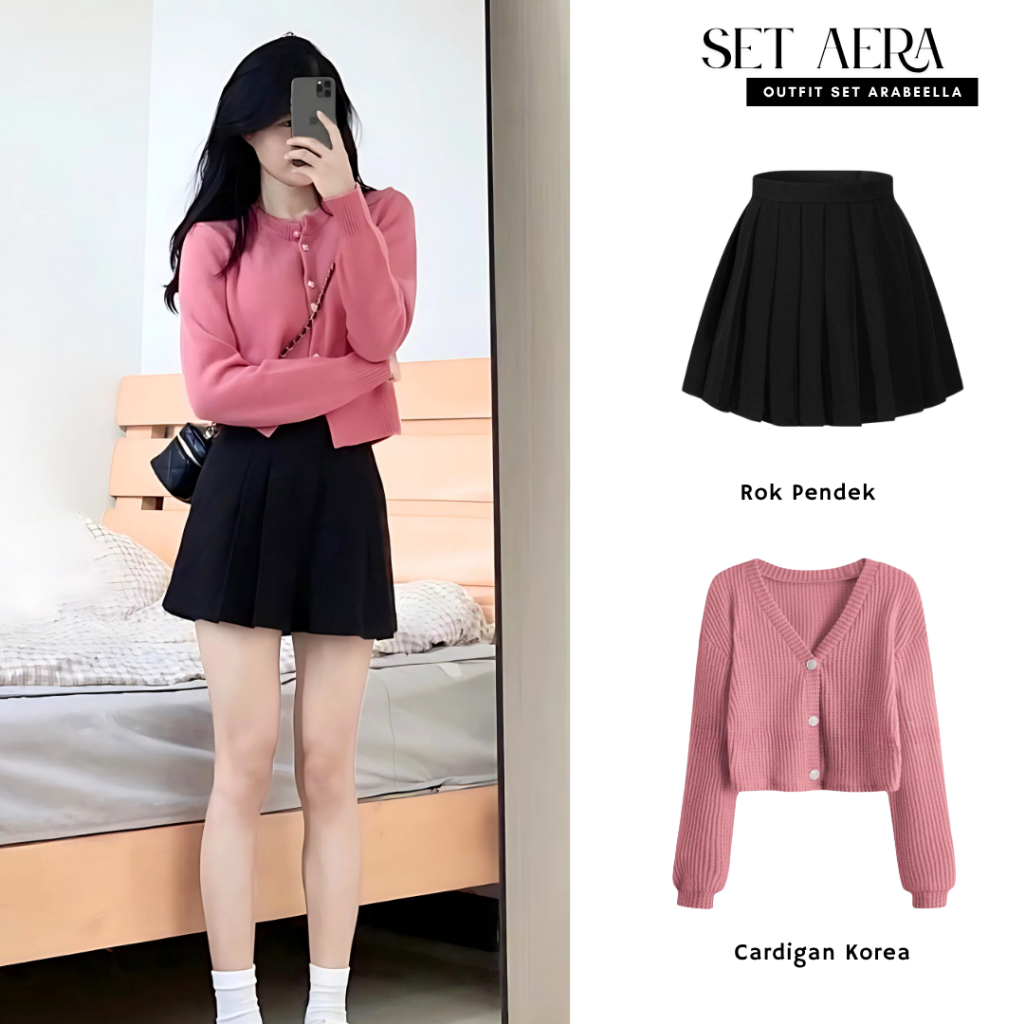 Setelan Wanita Aera / Rok Pendek / Cardigan Crop Rajut / One Set Korean Style /Outfit Hangout Casual