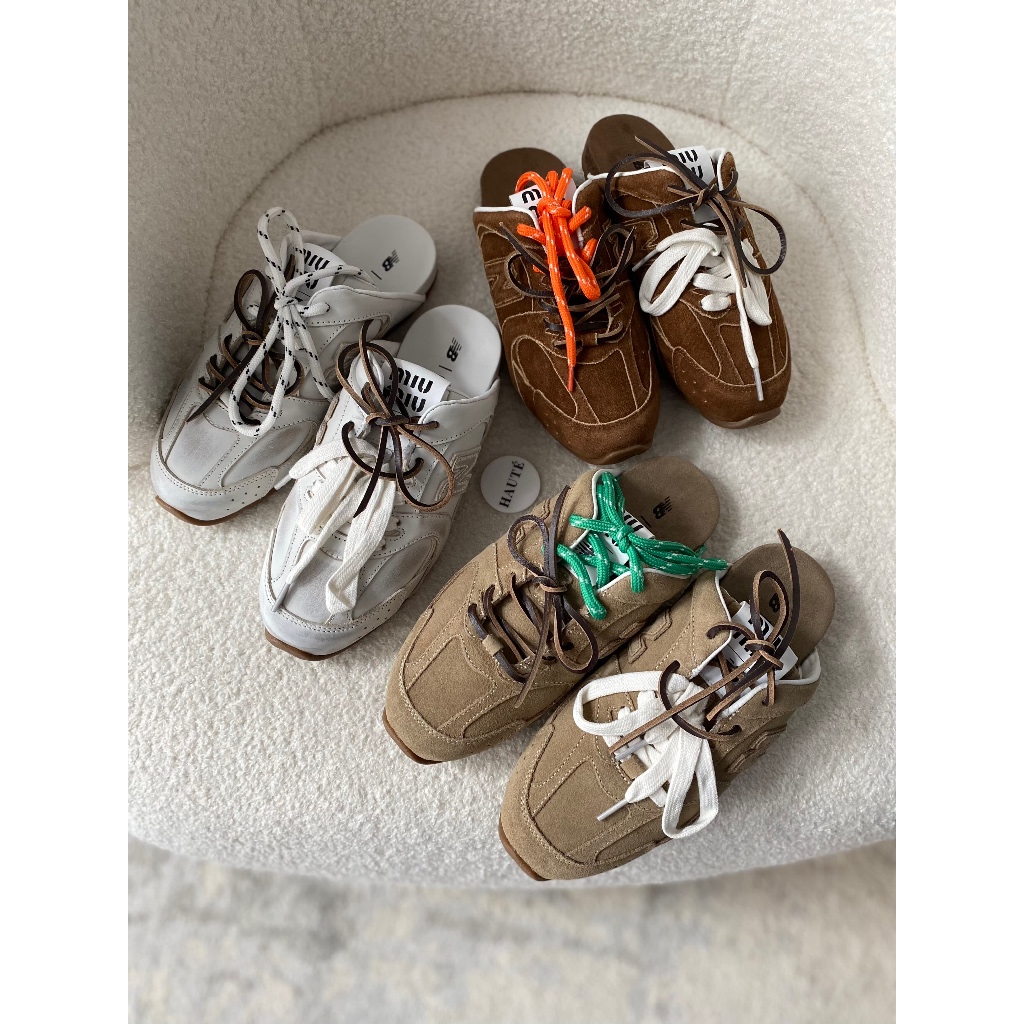 Miu x NB 530 SL Mules in Deco Calf Leather / Suede - White Ecru Cinnamon