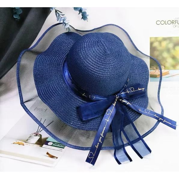 Topi Pantai Wanita Dewasa Pinggiran Lebar / Topi Jerami Pita Love / Premium Import / Korean Style