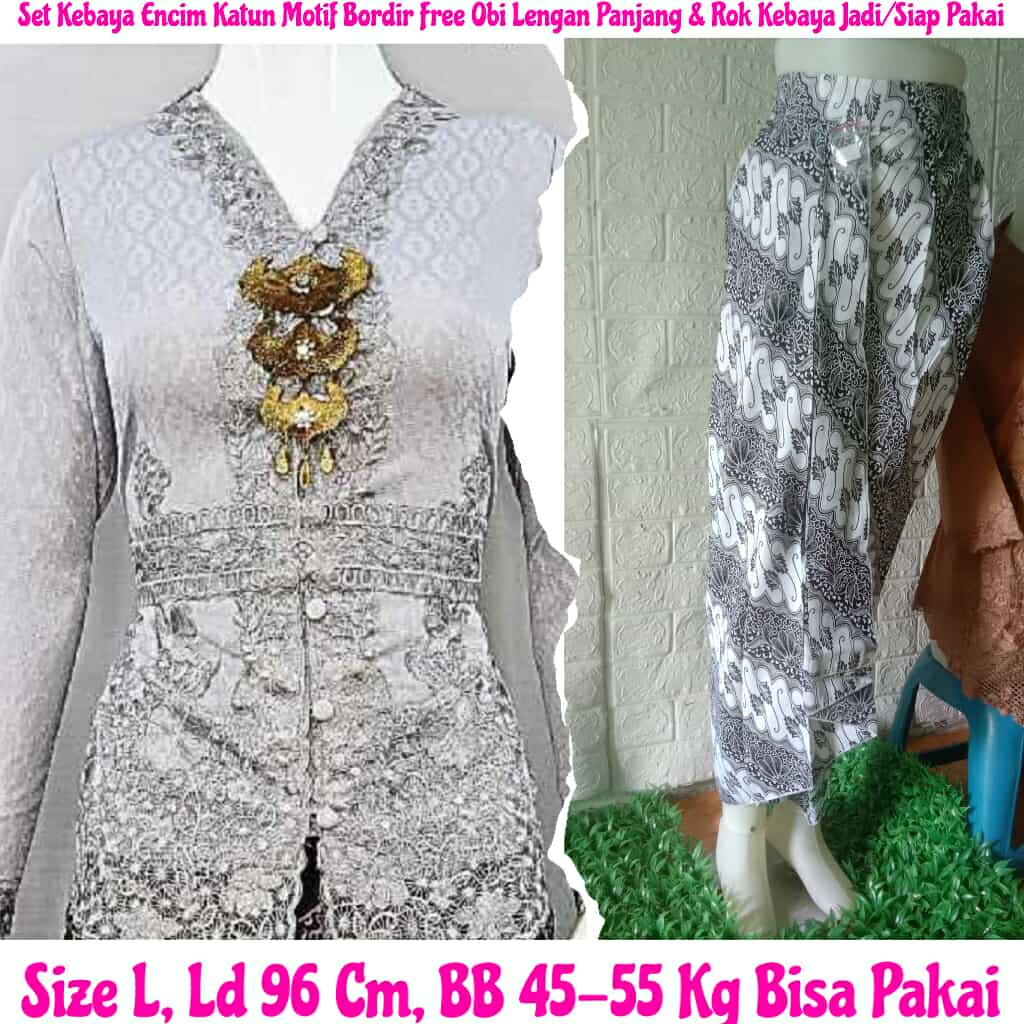 Kebaya Jadi Medan Setelan Kebaya Encim Katun Motif Bordir Free Obi Lengan Panjang & Rok Kebaya Jadi/