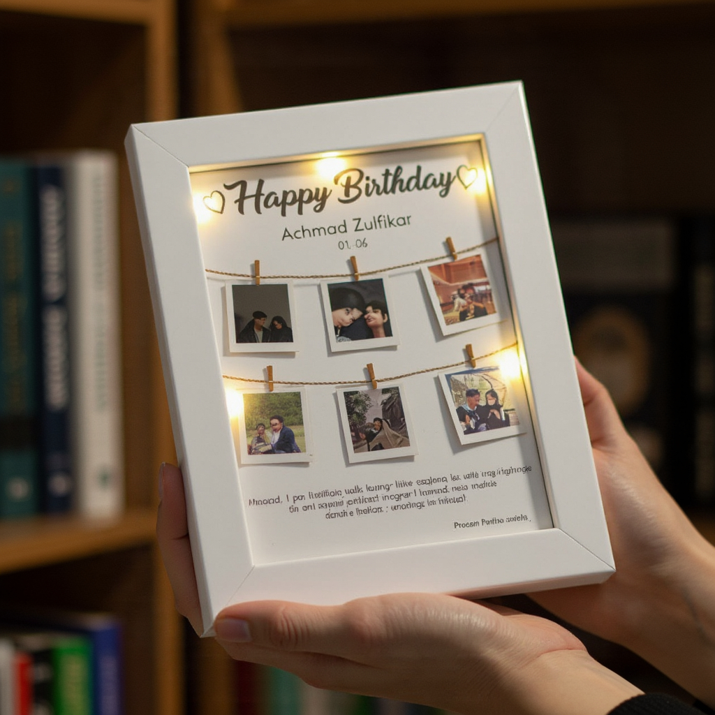 Hadiah Ulang Tahun Estetik – Bingkai LED Custom Foto, Nama & Ucapan, Bisa Request Desain