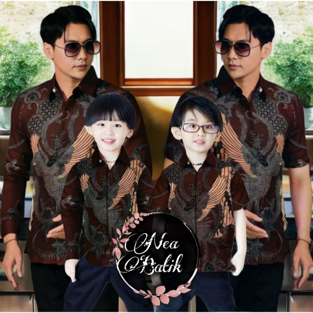 KEMEJA BATIK WARNA MAHOGANY MOTIF SOANG LENGAN PANJANG DAN PENDEK PRIA DEWASA DAN ANAK LAKI LAKI