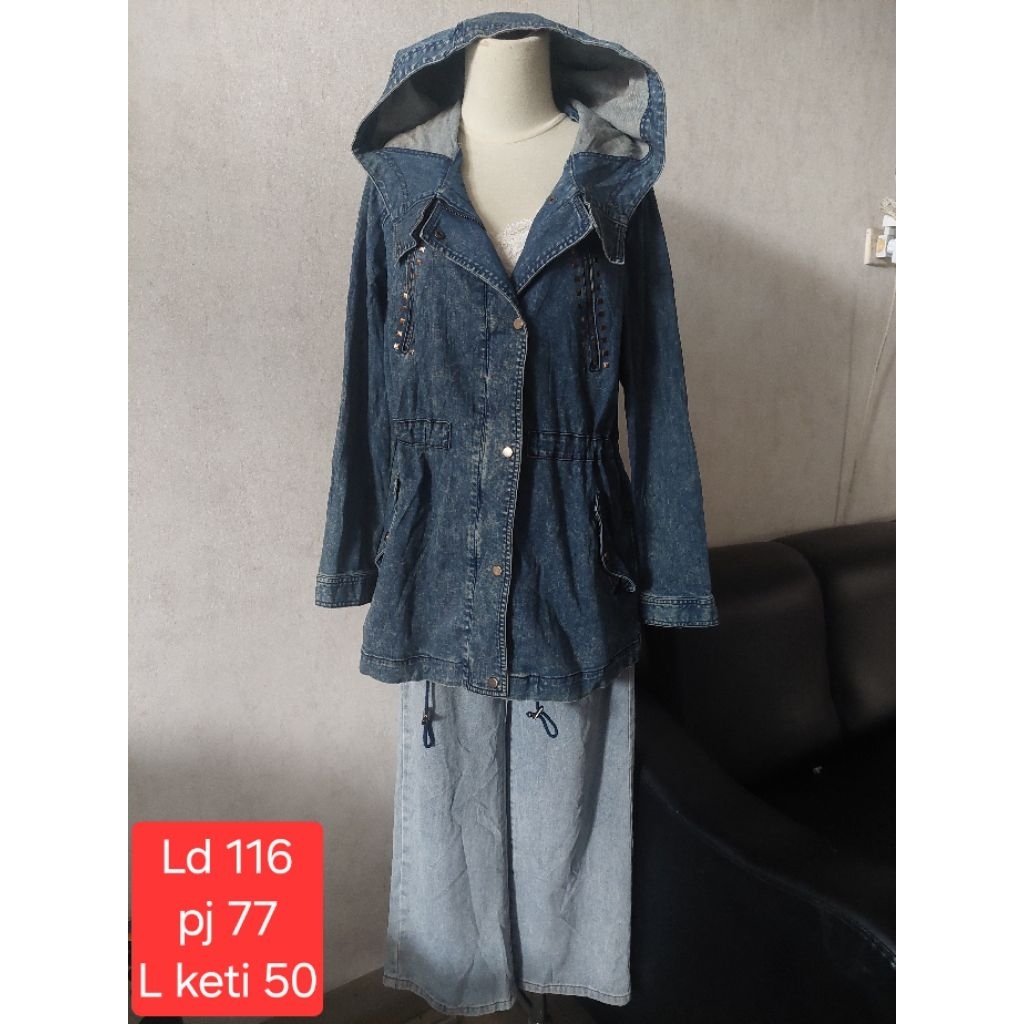 Long jaket panjang jaket jeans jaket denim hoodie wanita model parka size M to L