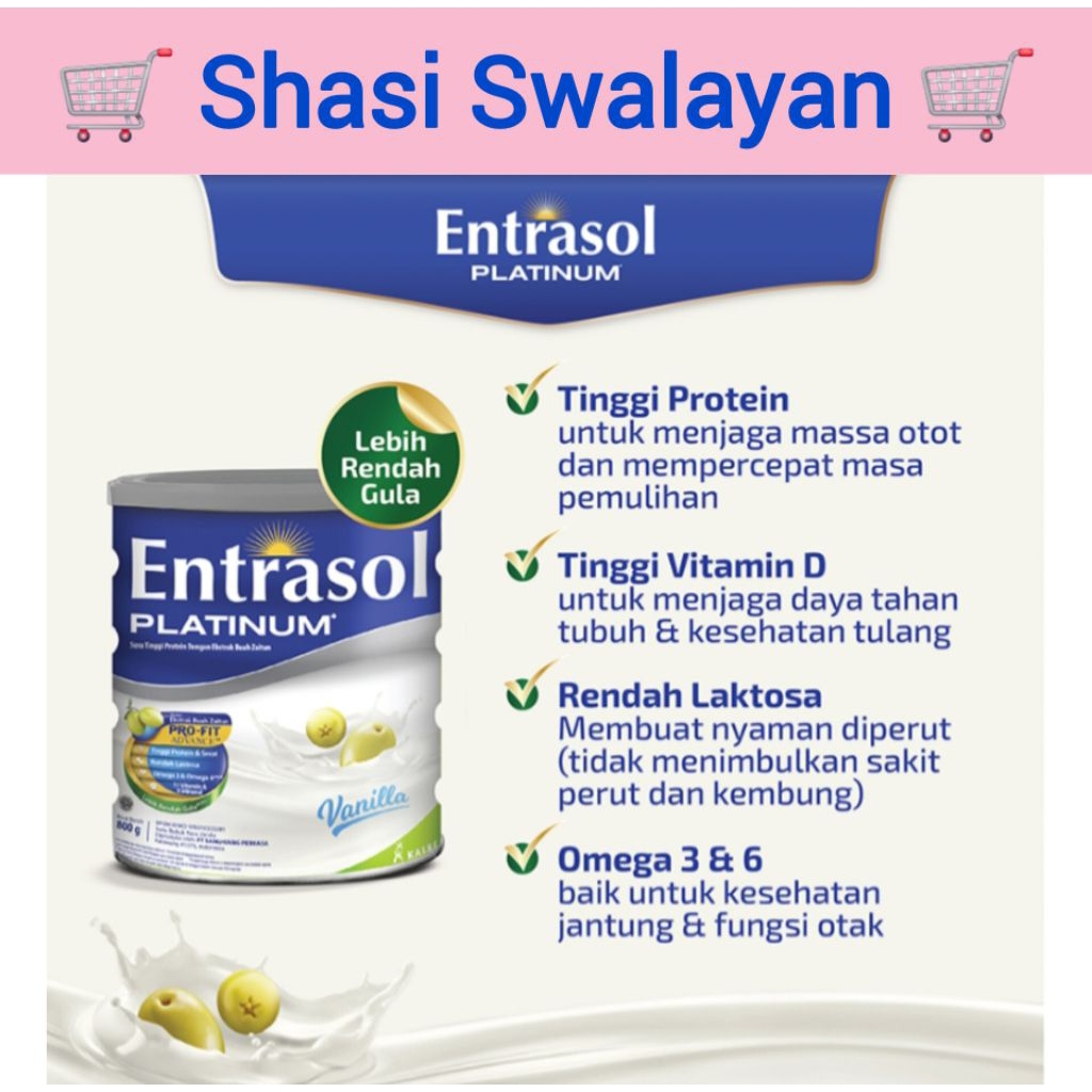 

Entrasol Platinum Vanila/ Cokelat Kaleng 400 g - Susu Bubuk Tinggi Protein Dewasa