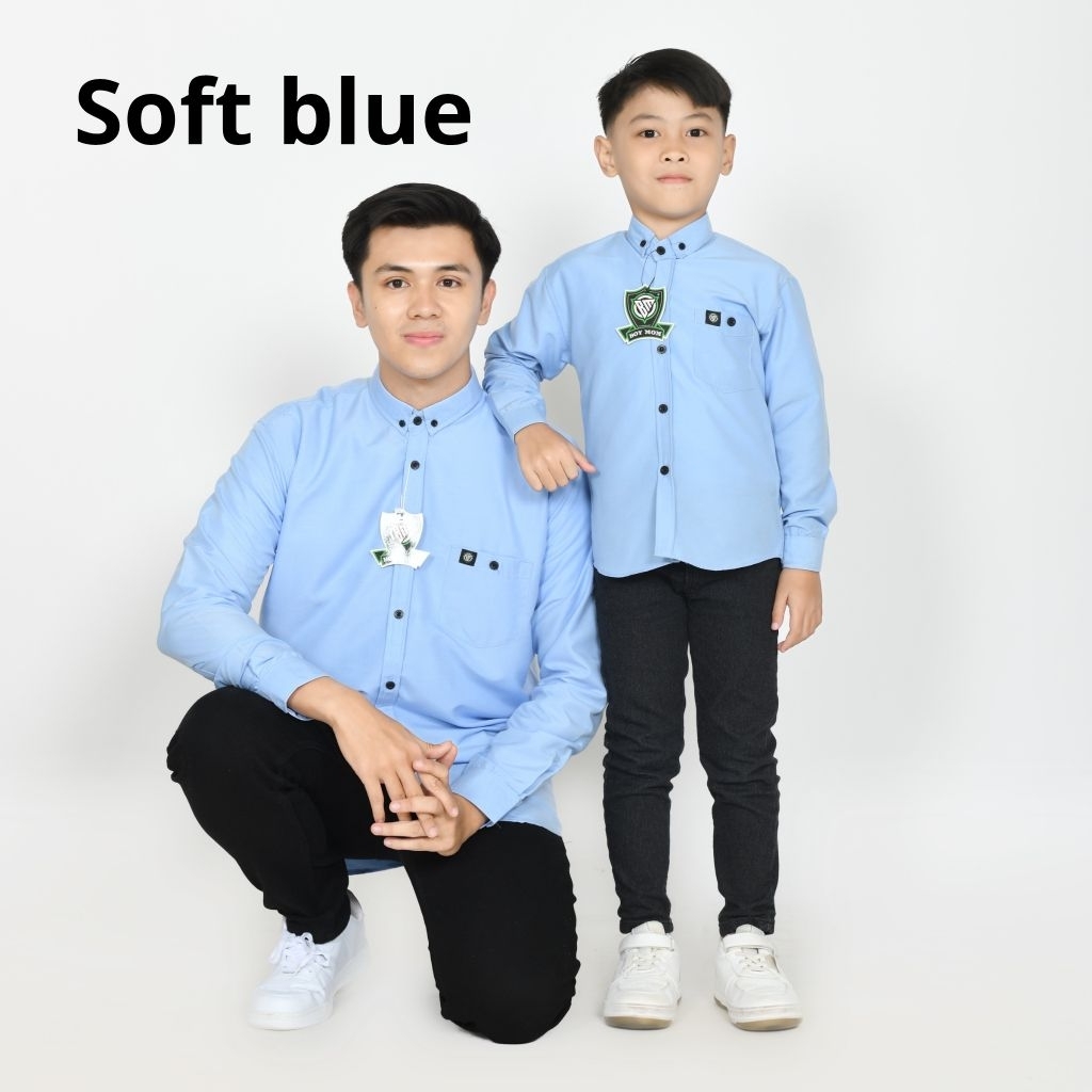Soft Blue Kemeja Polos Couple Ayah dan Anak Lengan Panjang Kemeja Polos Warna Biru Muda Dewasa Anak