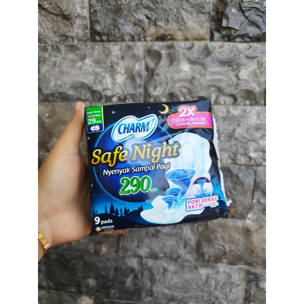 1 PACK(9 Pads) CHARM SAFE NIGHT 29CM / Charm BERSAYAP PEMBALUT WANITA