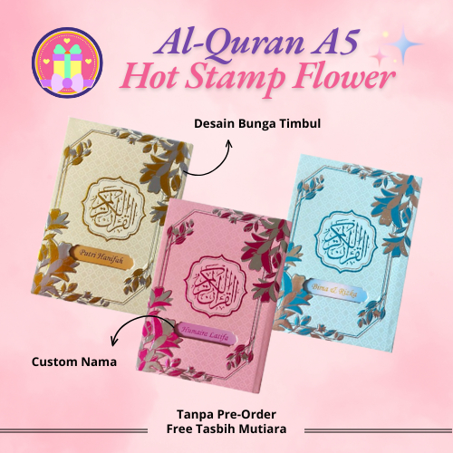 Al-Quran Ukuran A5 Free Custom Nama Quran 3D Timbul Emboss Flower Hot Stamp Silver