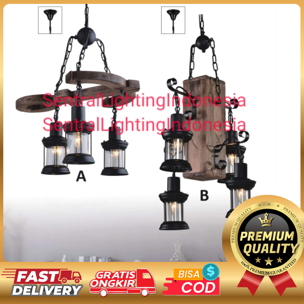 SL5016-3/5017-4 LAMPU GANTUNG HIAS KAYU VINTAGE MINIMALIS DEKORASI KLASIK CAFE RESTORAN RUANG TAMU M