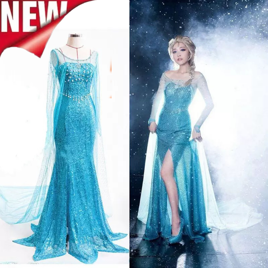 (COD)Ratu Frozen Elsa Putri Elsa berlian biru seksi wanita dewasa gaun pesta rok pendek kostum pertu