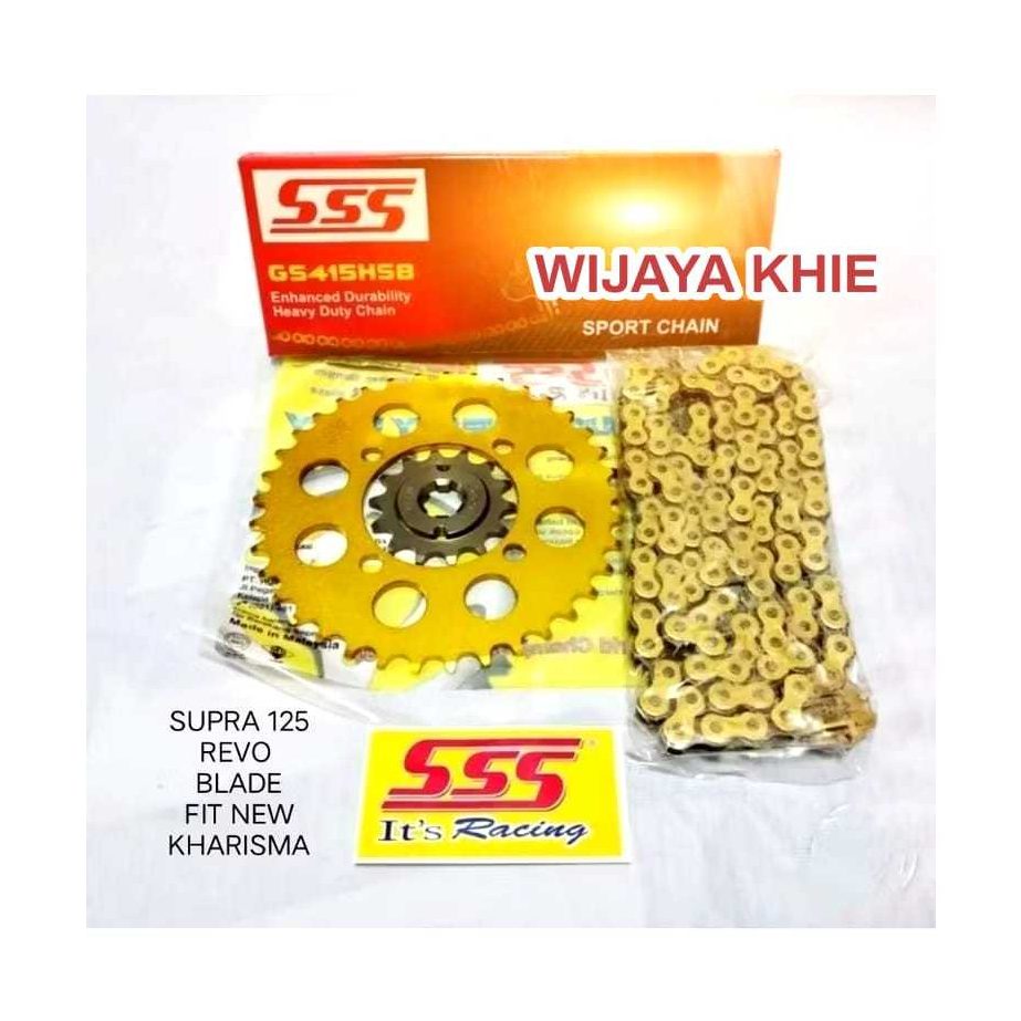 Gear Set Warna FULL SSS 415  SUPRA 125 / FIT NEW / REVO /  Paketan Rantai SSS 415 HSB 120L RED / BLU
